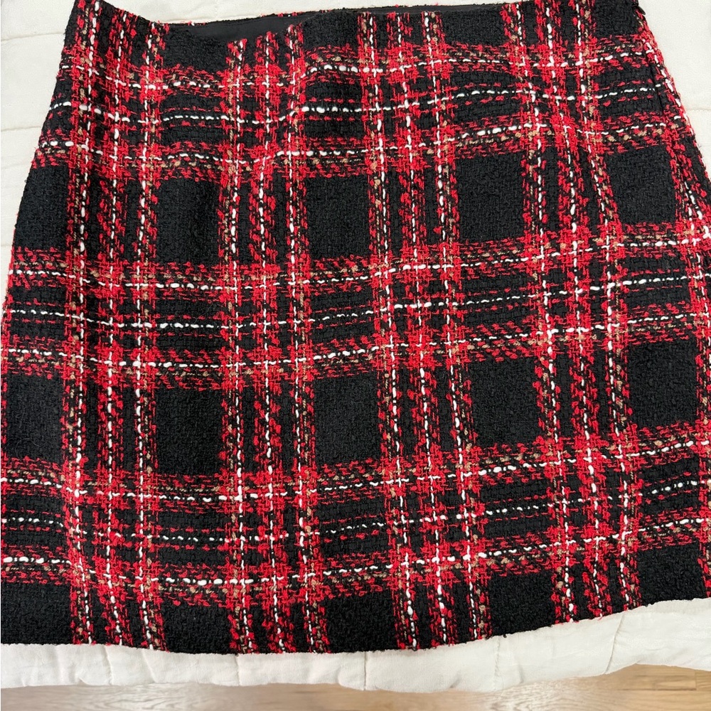 LOFT Red & Black Plaid Bouclé Mini Skirt